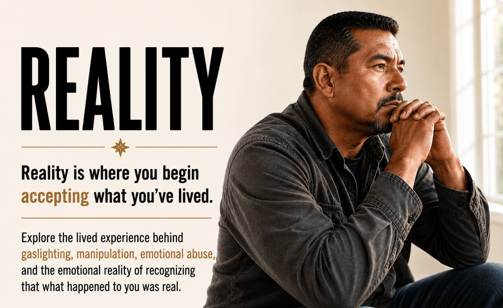 Reality category illustration showing a man processing the reality of emotional abuse, gaslighting, narcissistic abuse, and the emotional impact of recognizing what happened.