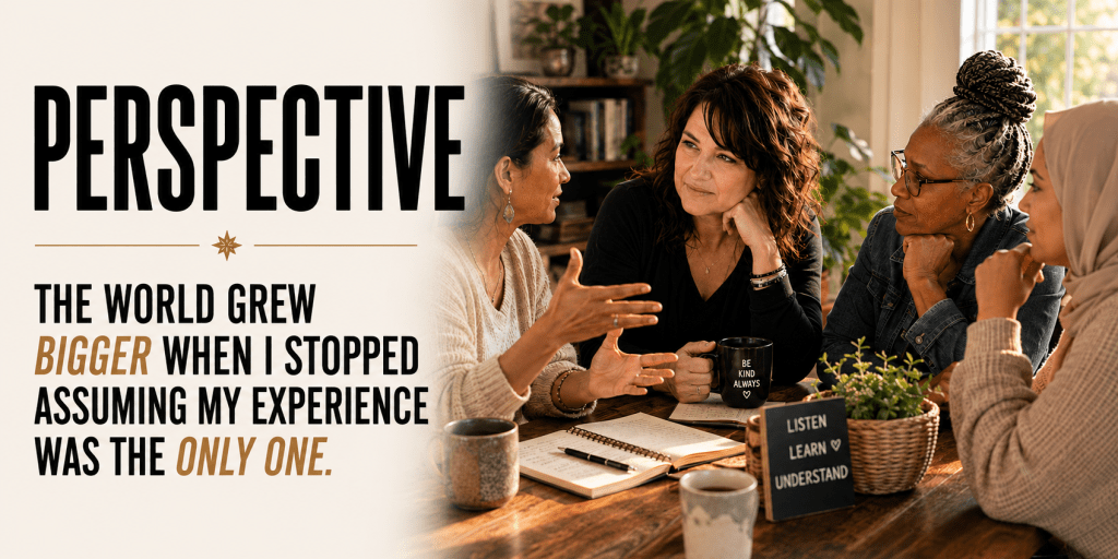 Four women from different backgrounds in conversation beside the words, “The world grew bigger when I stopped assuming my experience was the only one.”